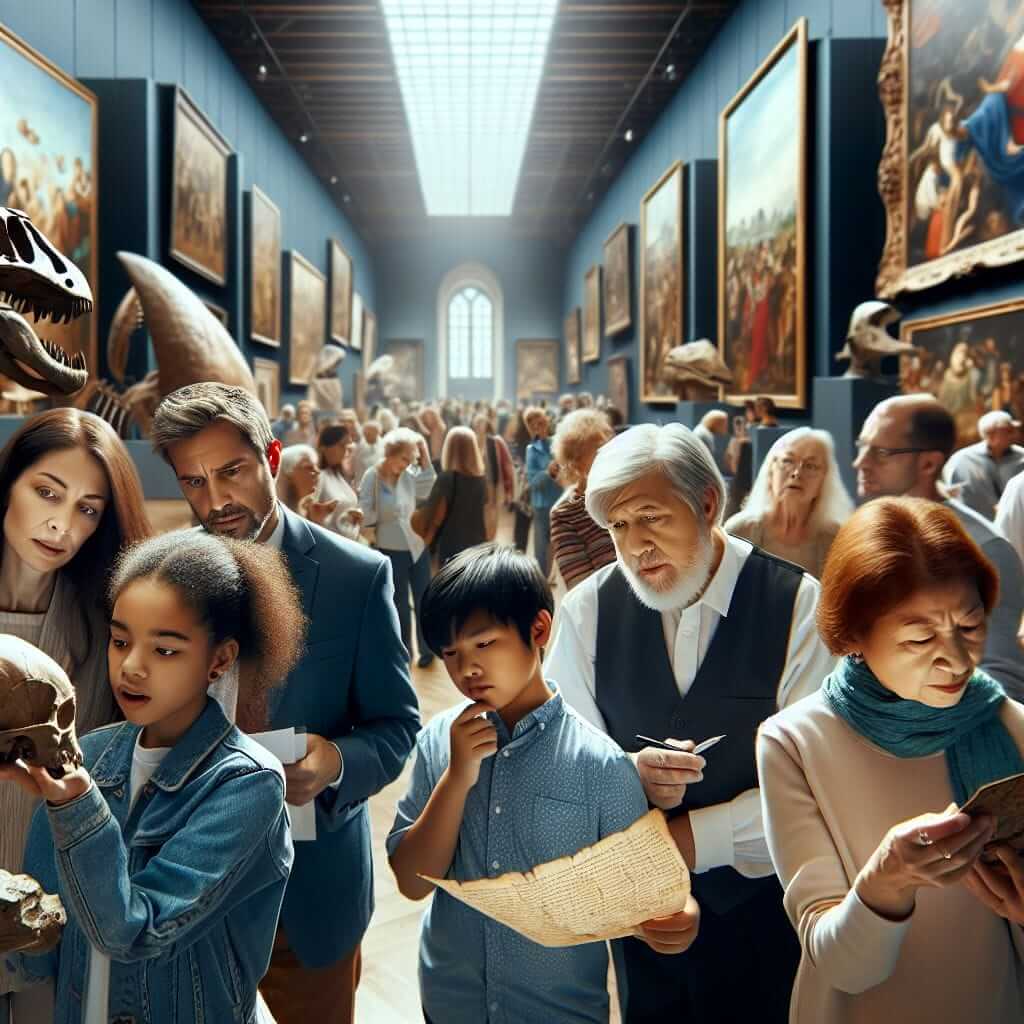 diverse crowd in a museum